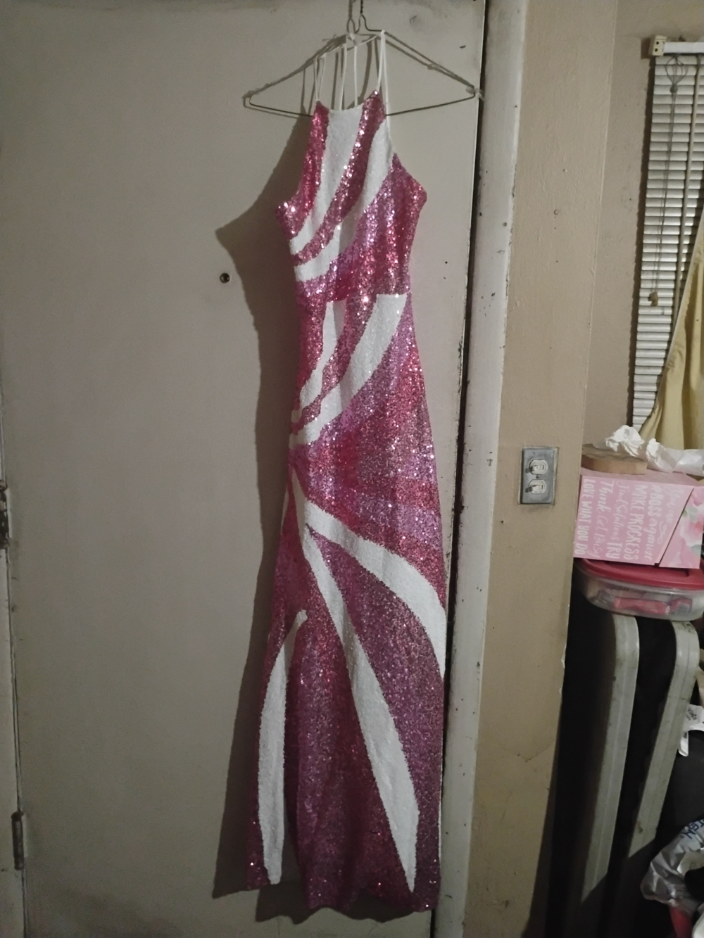 Sequin Halter Evening Gown in Pink and White